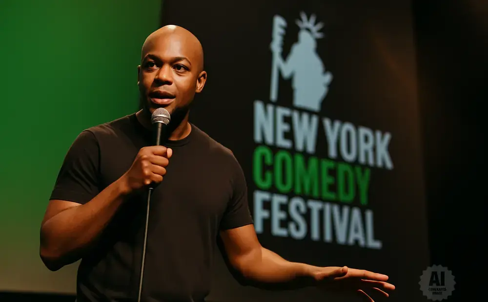A bald Black man in a black t-shirt holds a microphone and gestures with his other hand in front of a 