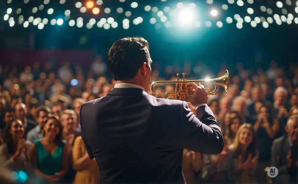 A man in a suit plays the trumpet on stage for an admiring audience.