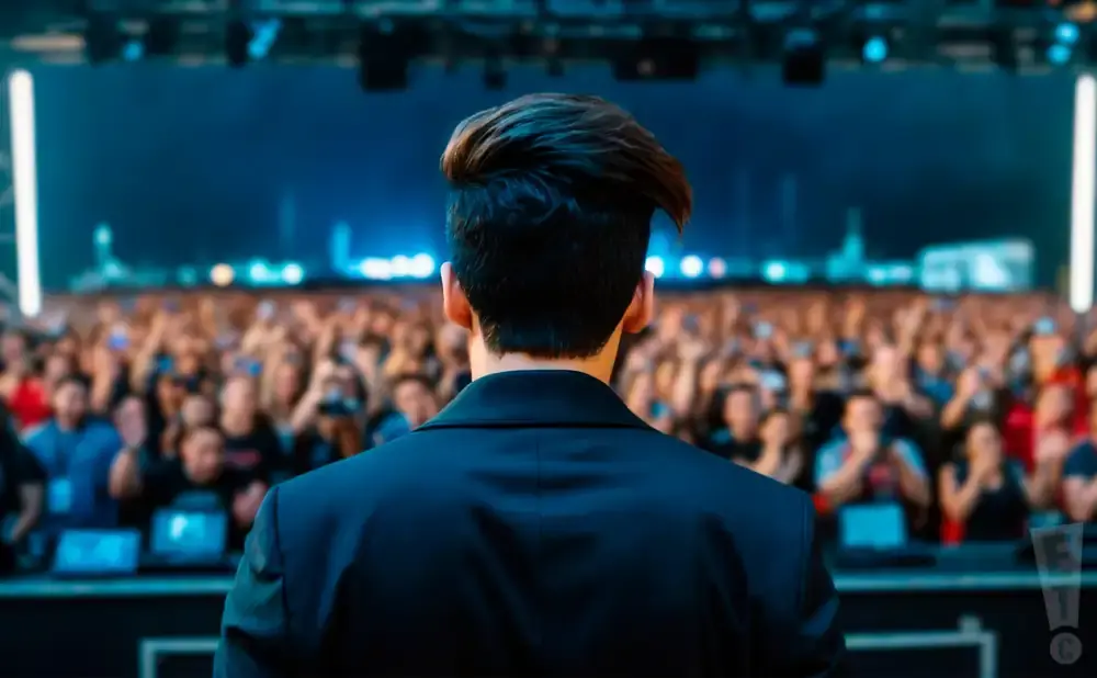 Back view of a man in a suit facing a cheering crowd at a concert.