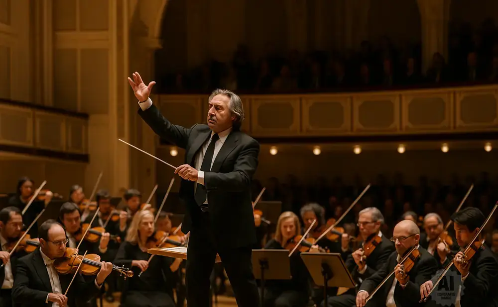 An orchestra conductor with his arm raised, leading musicians playing violins in a concert hall.