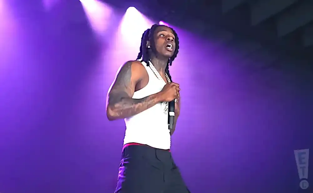 A man with dreadlocks and tattoos, wearing a white tank top and black pants, sings into a microphone on a purple-lit stage.