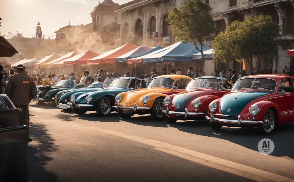 Vintage cars parked in a row with market stalls and people in the background.