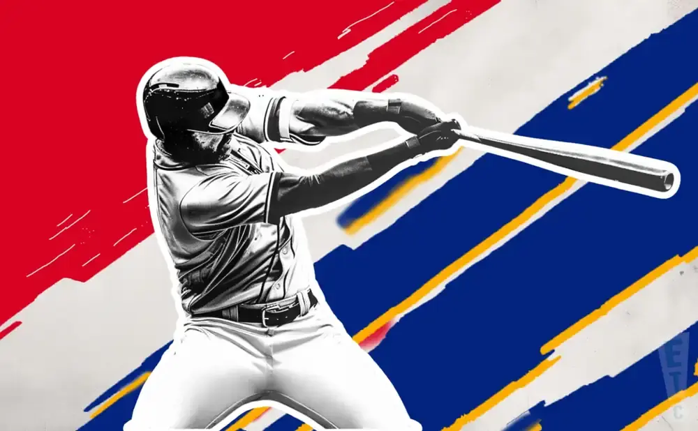 A black and white illustration of a baseball player swinging a bat against a background of red, blue, and yellow stripes.