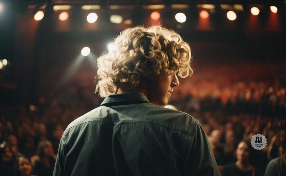 A person with curly blonde hair faces away from the camera, looking towards a blurred audience in a dimly lit venue.