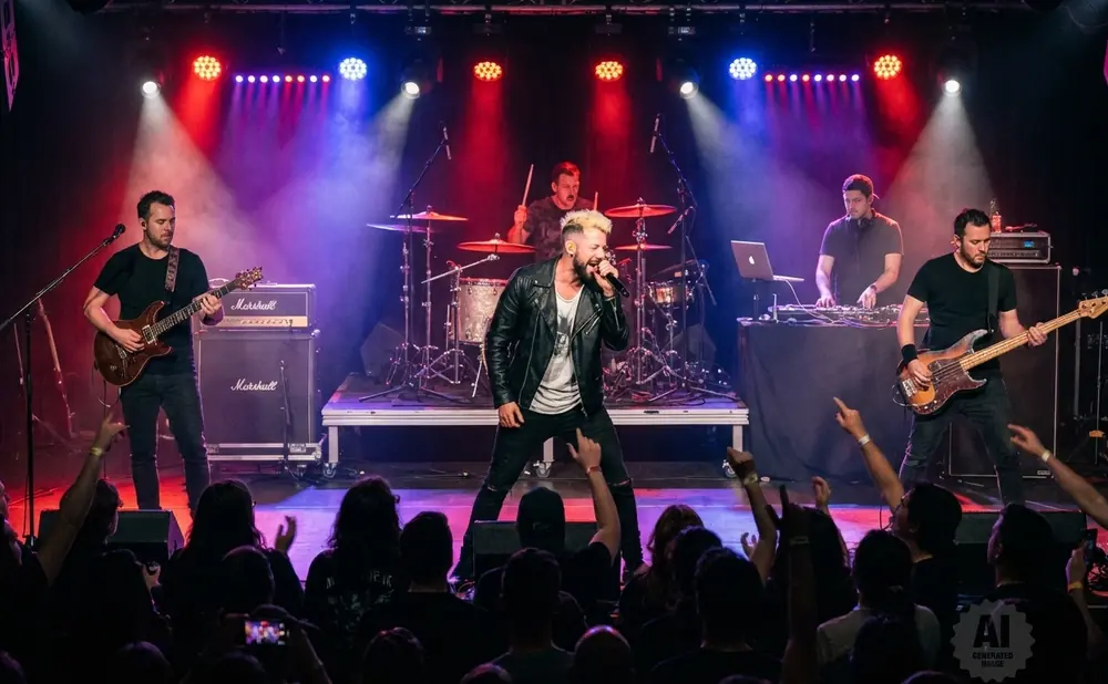A band performs live on stage with colorful lights and a cheering audience.