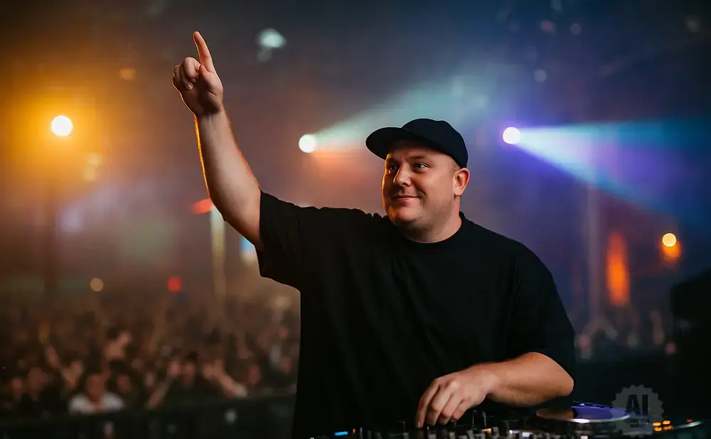 DJ wearing a black t-shirt and cap, with arm raised pointing upwards, standing behind a DJ booth with a crowd in the background.