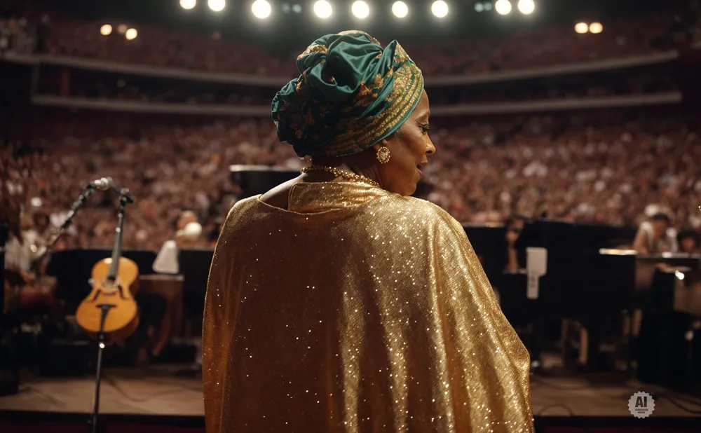 A woman wearing a sparkly gold cape and a green headwrap faces away from the camera at a concert.