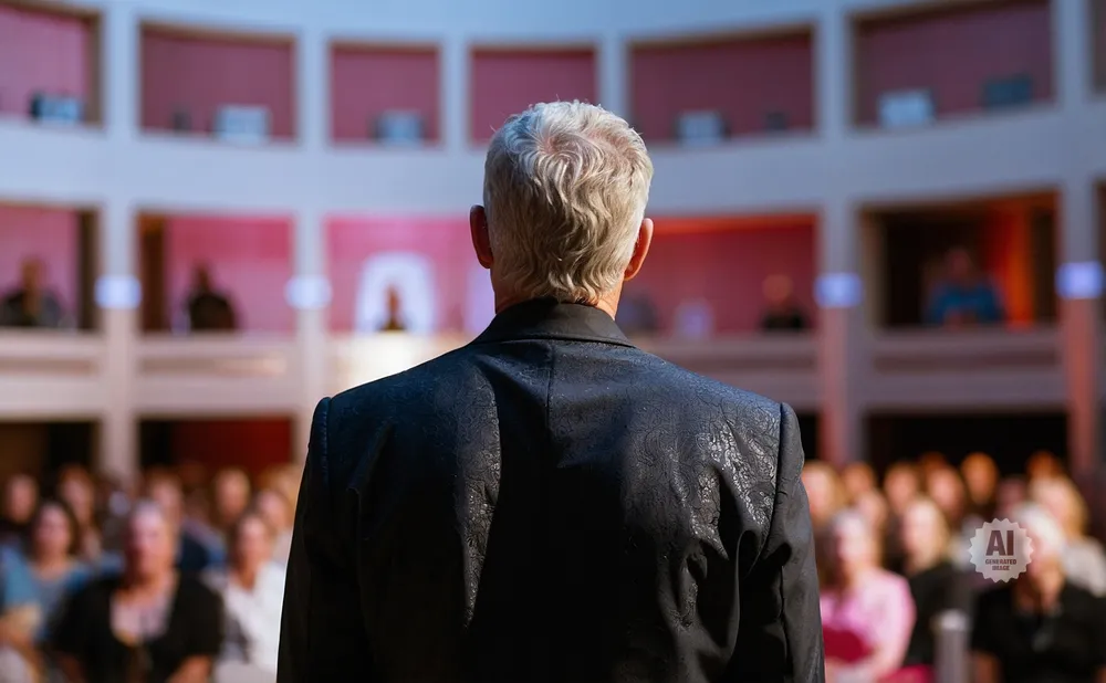 Man with gray hair in a black patterned suit facing away from the camera, with an audience in the blurred background.