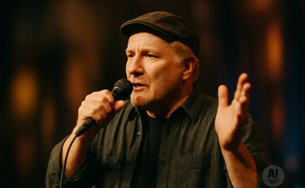 A man in a flat cap and dark shirt speaks into a microphone, gesturing with his hand.