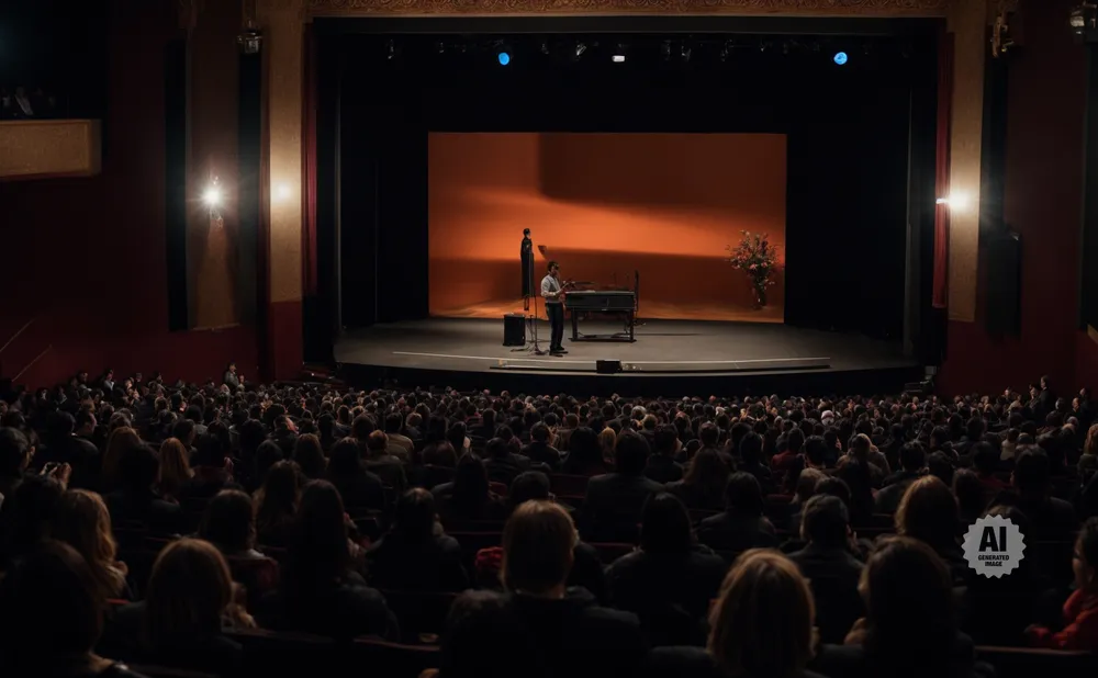 An audience watches a lone performer on a stage in a theatre.