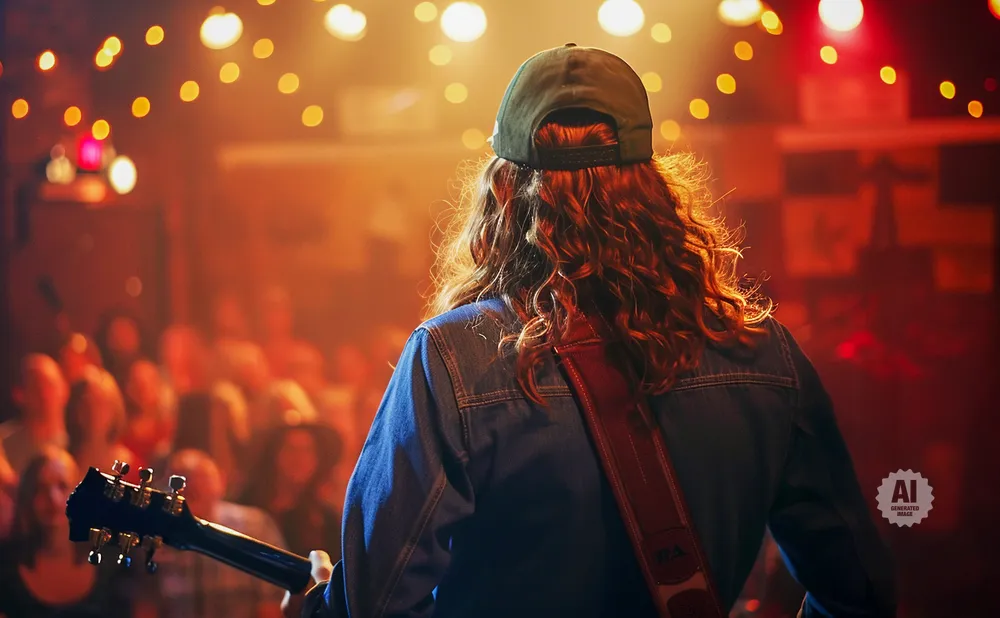 A guitarist with long, curly hair and a denim jacket plays on stage to a blurred audience, with warm lights overhead.