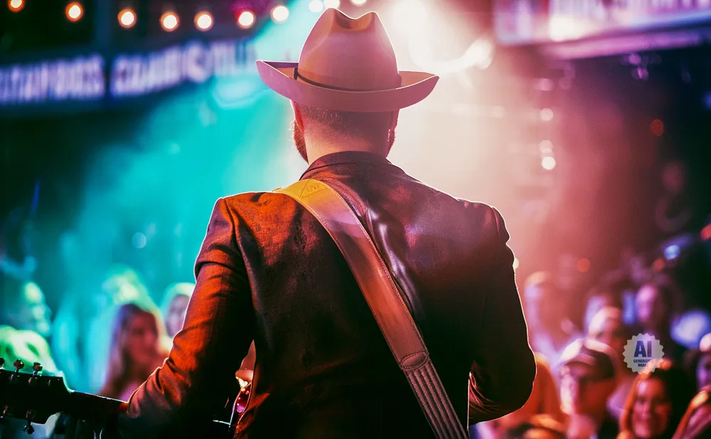 A man in a cowboy hat and suit plays guitar on stage, bathed in colorful lights and fog, facing away from the camera towards a crowd.