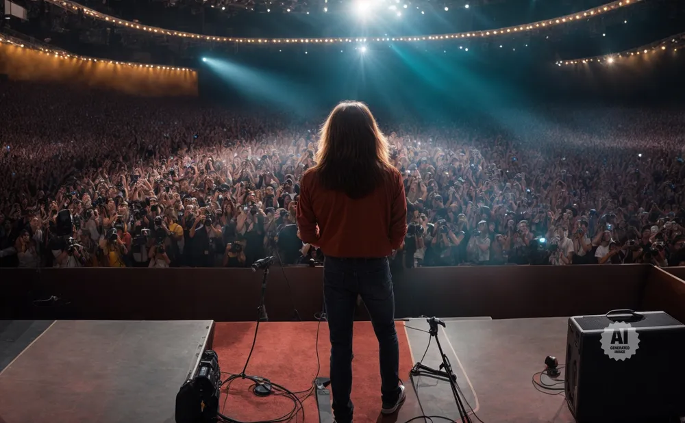 A person with long hair stands on stage, facing a large cheering crowd holding up phones and cameras.