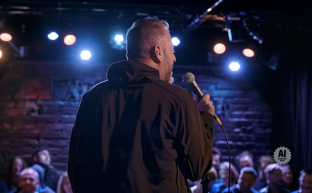 Man with microphone on stage, facing away from camera, with audience in the dark background.