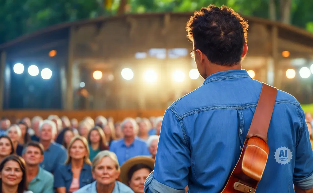 Man with guitar strap over shoulder faces away from camera, towards a crowd and stage lights at an outdoor concert.