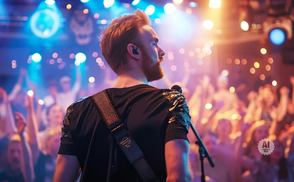 Musician with red hair and beard performs for a cheering crowd under bright stage lights.
