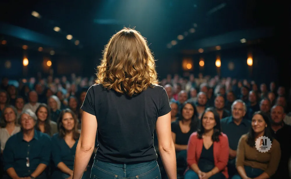 A woman speaks to an attentive audience in a dimly lit theater.