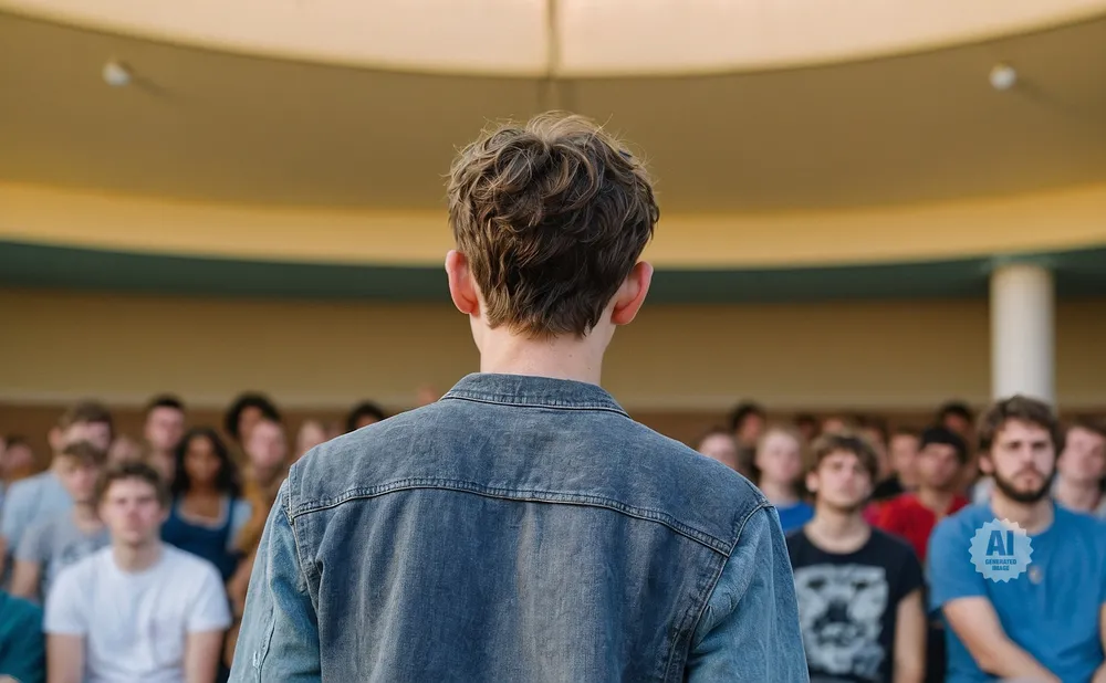 A young person in a denim jacket stands with their back to the camera, facing a blurred crowd.