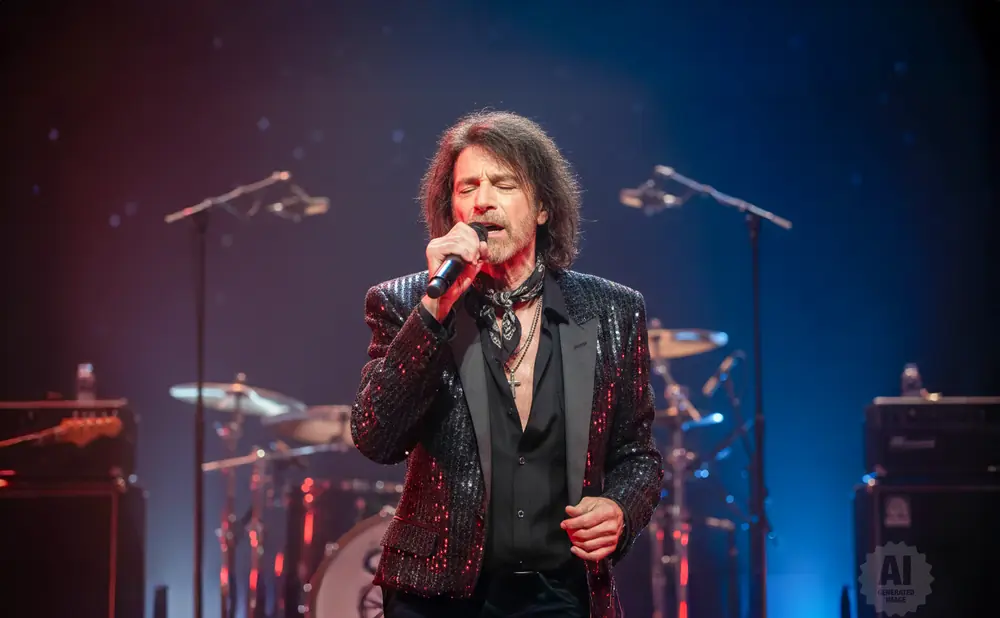 A man with long hair sings into a microphone on stage, wearing a sparkly jacket.