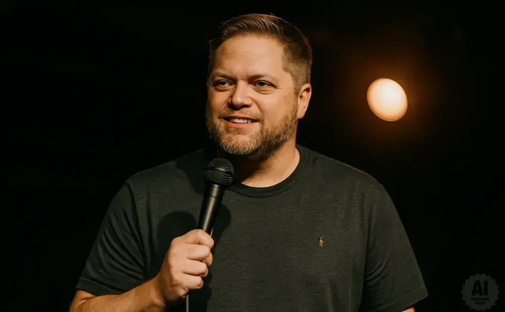 A man with a beard holds a microphone and smiles against a dark background.