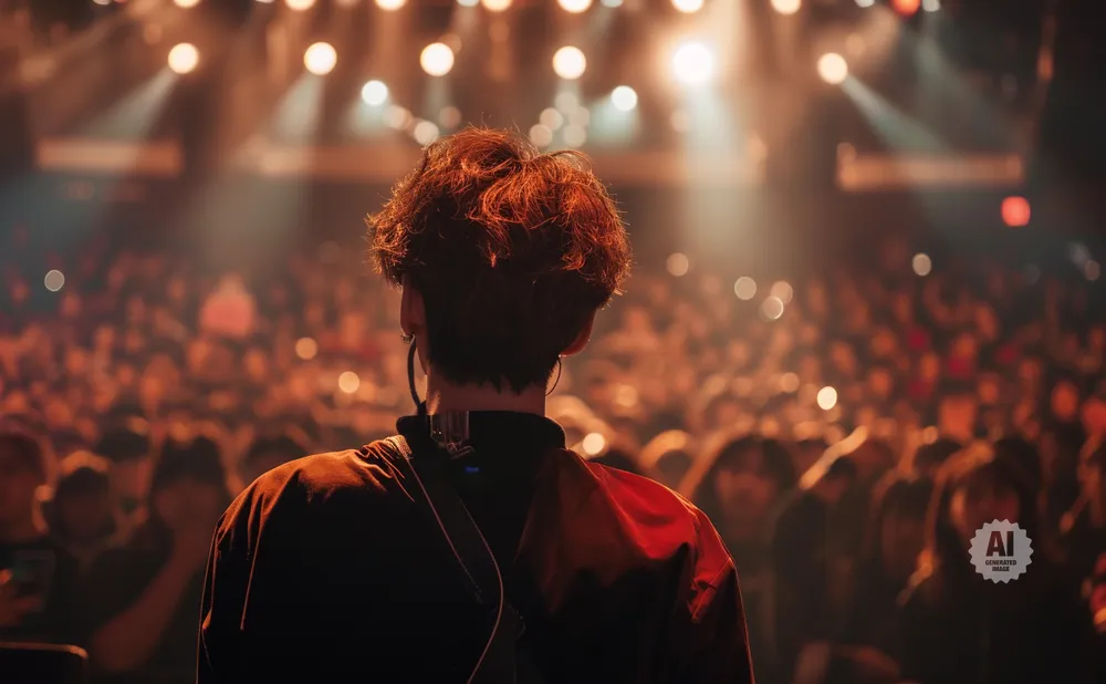 Back view of a performer on stage, facing a large, blurred audience.
