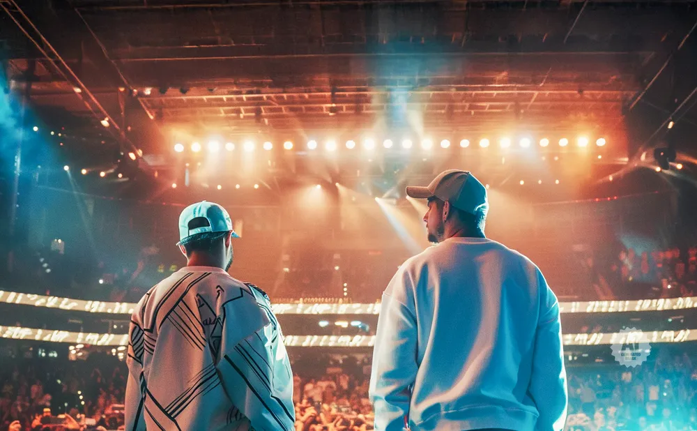 Two men in baseball caps stand on a stage facing a lit arena audience.