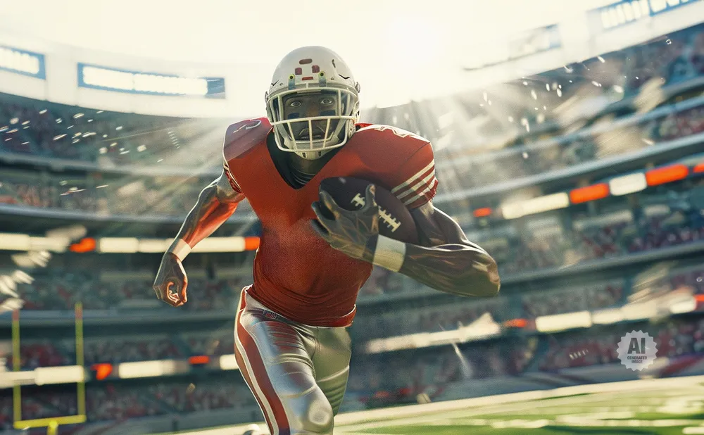 An American football player in a red jersey runs with the ball, with bright stadium lights in the background.