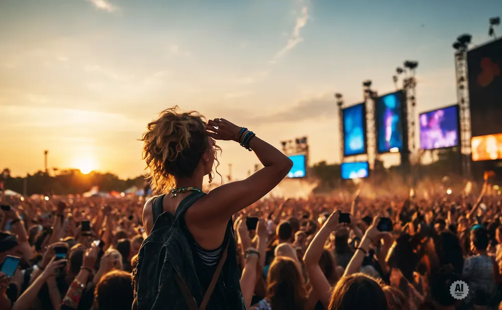 A woman with curly hair watches a festival crowd and stage at sunset.