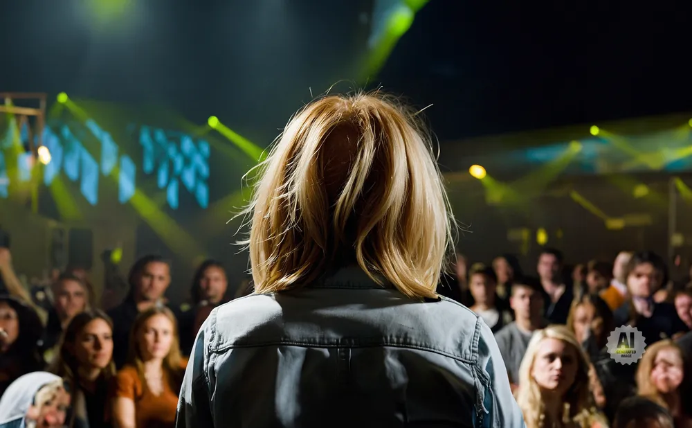 Woman with blonde hair facing away from camera on stage at a concert with yellow stage lights and a blurred crowd.