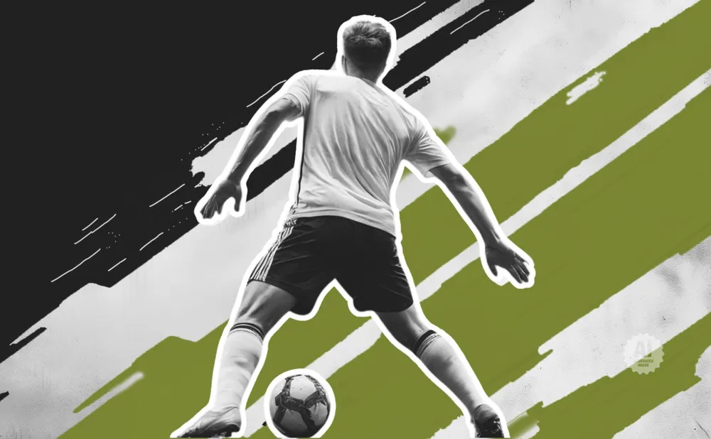 Soccer player in mid-action with a ball, on a stylized background of black and green diagonal lines.