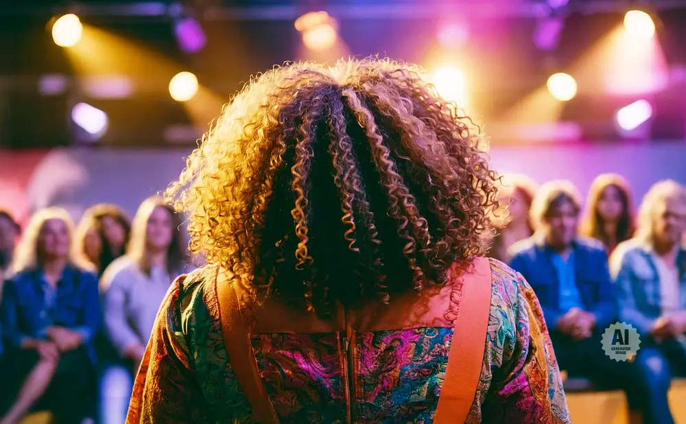 Back of a woman with curly hair, wearing a colorful outfit, on stage with audience members in the background.