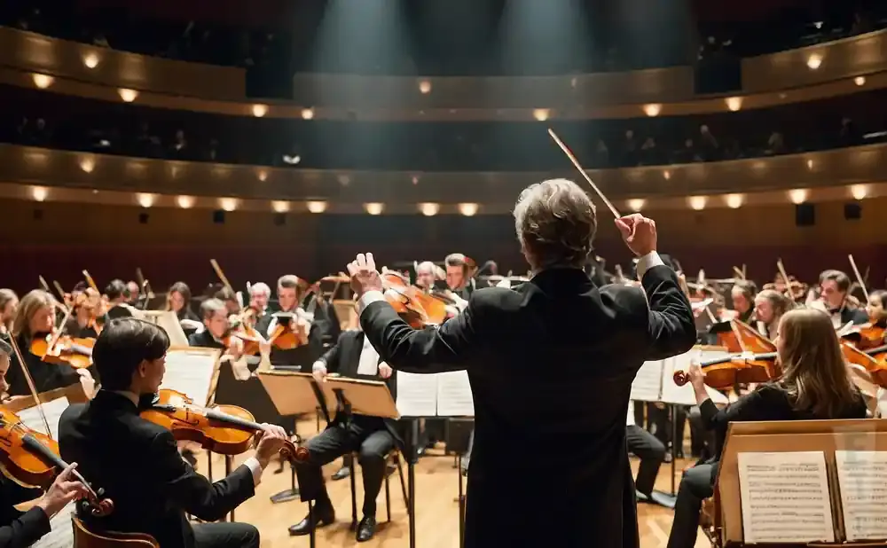 A conductor leads an orchestra in a concert hall.