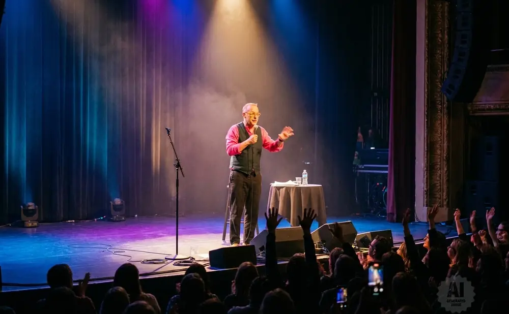 A speaker addresses an audience from a stage bathed in purple and orange lights.