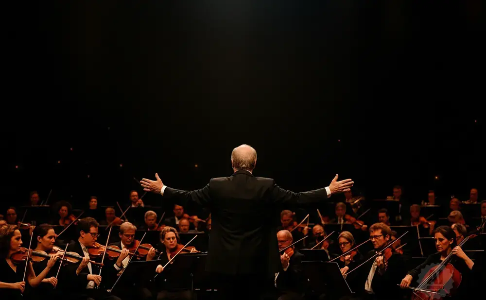 A conductor directs an orchestra from behind, with arms outstretched against a dark background.