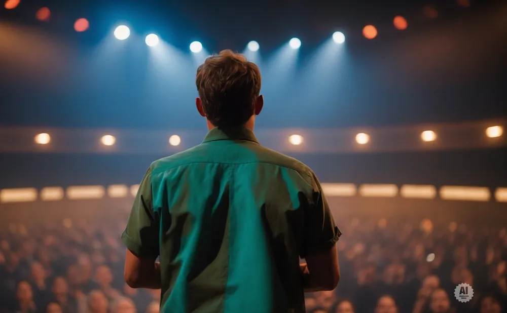 Man in a green shirt facing away from the camera, on stage with audience and stage lights.