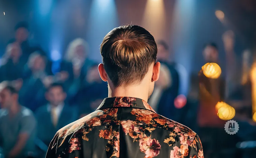 Man in floral shirt facing away from camera with audience in blurred background.