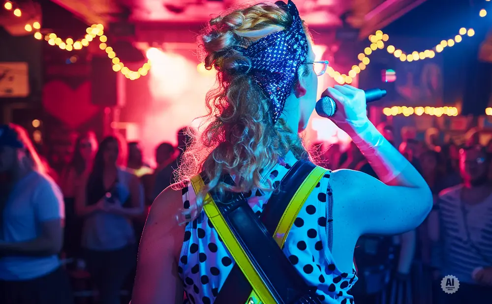 A woman sings into a microphone at a lively concert venue with colorful lights and a cheering audience.