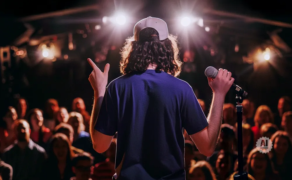 A man with long curly hair and a backward baseball cap stands on a stage, holding a microphone and gesturing to a blurry audience.
