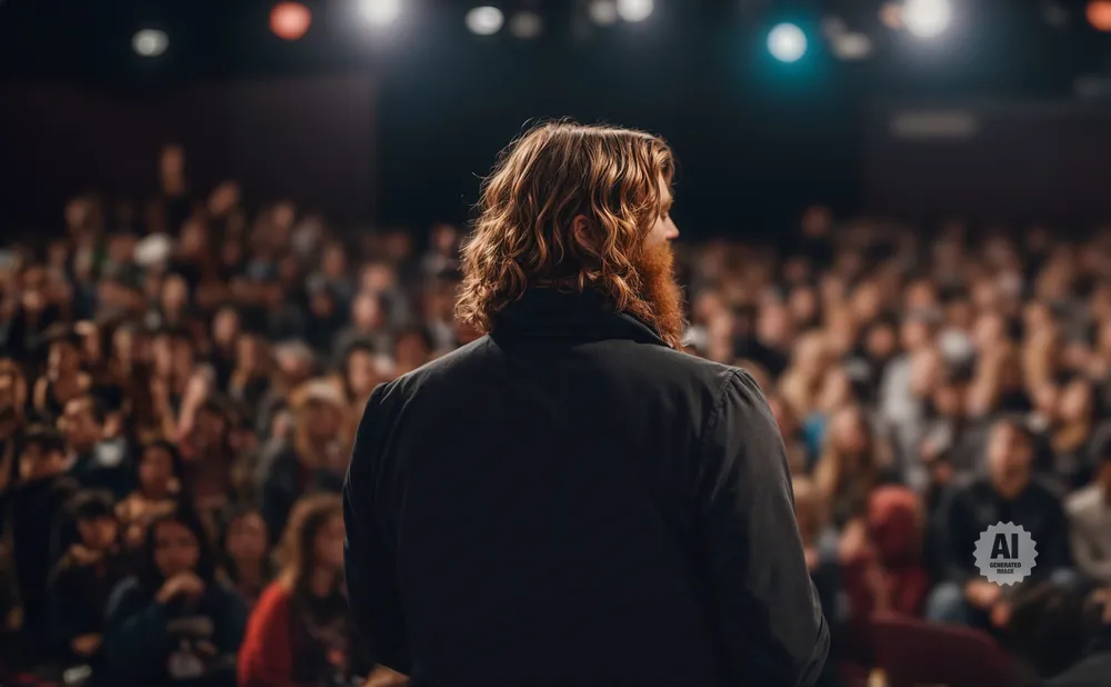 A man with long, curly red hair and a beard faces away from the camera, speaking to a blurred audience in a theater.