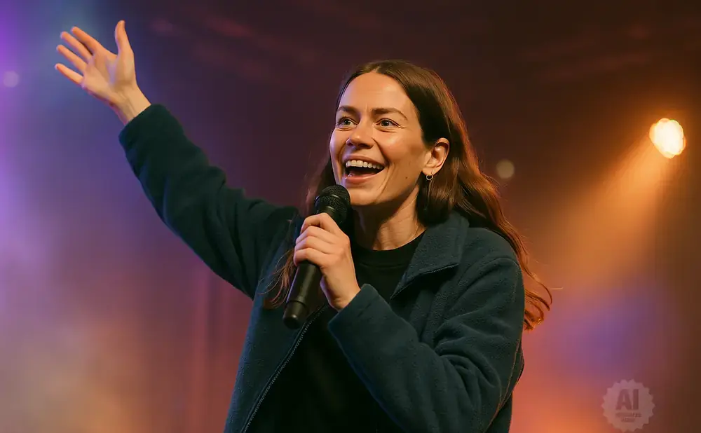 A woman with her arm raised smiles and holds a microphone on a stage with colorful lighting.
