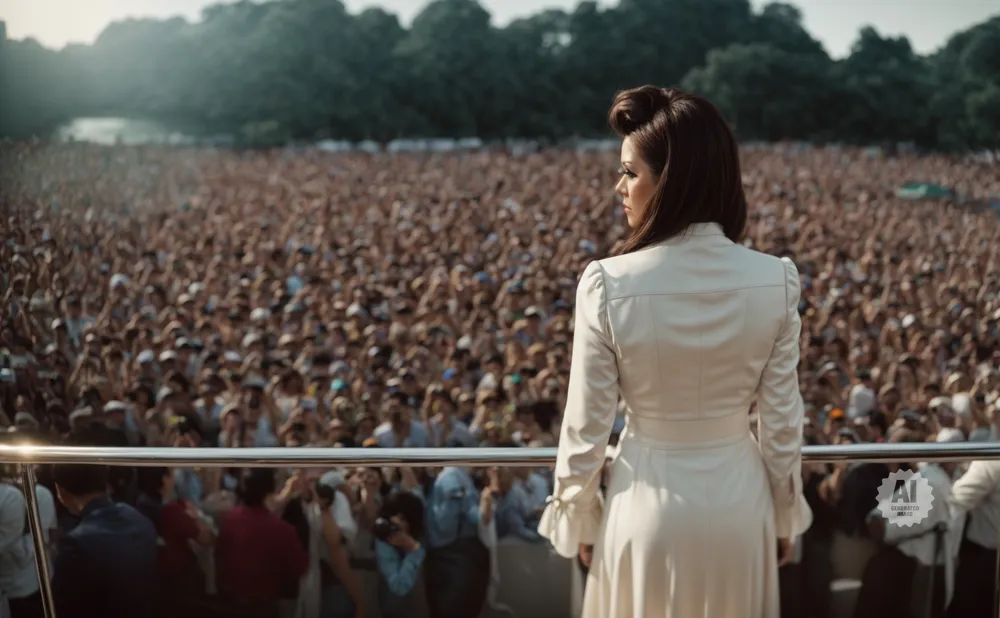 Woman in a white dress on stage, facing a large, cheering crowd.