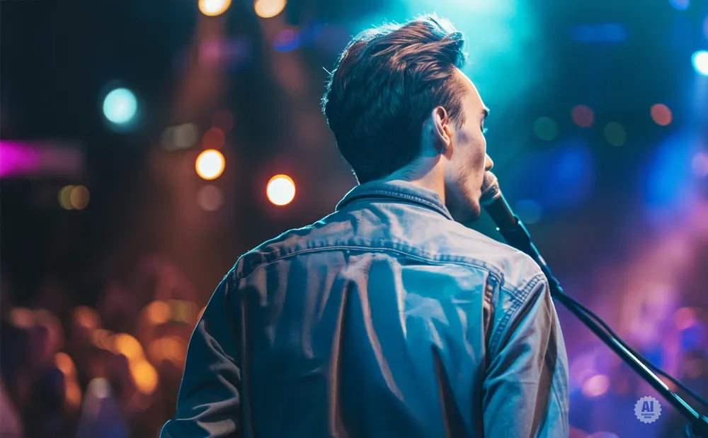Singer on stage, facing away, singing into a microphone with blurred lights and audience in background.