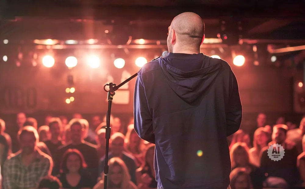 A bald man in a hoodie on stage with a microphone, facing a blurry audience under warm stage lights.