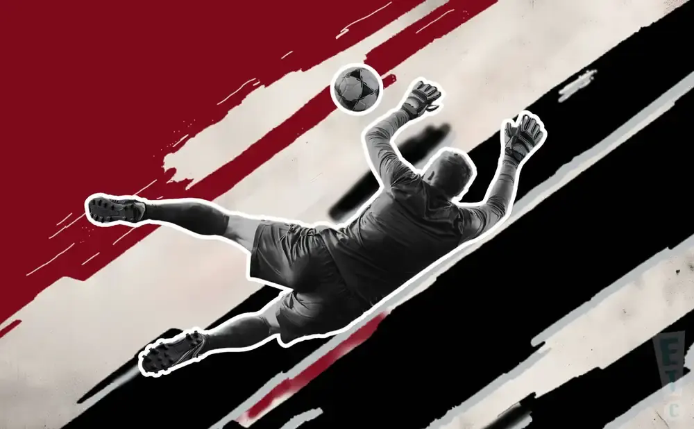 A soccer goalie dives to catch a ball against a dynamic red and black background.