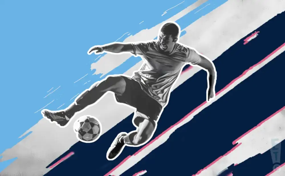 A soccer player mid-air, kicking a ball. The background features abstract blue and dark blue stripes.