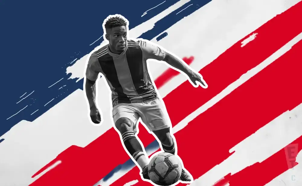 Soccer player dribbling a ball against a red, white, and blue abstract background.