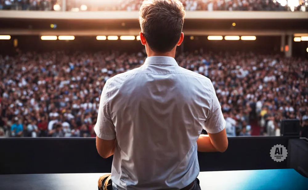 A man in a light blue shirt stands with his back to the camera, facing a large, blurred audience.