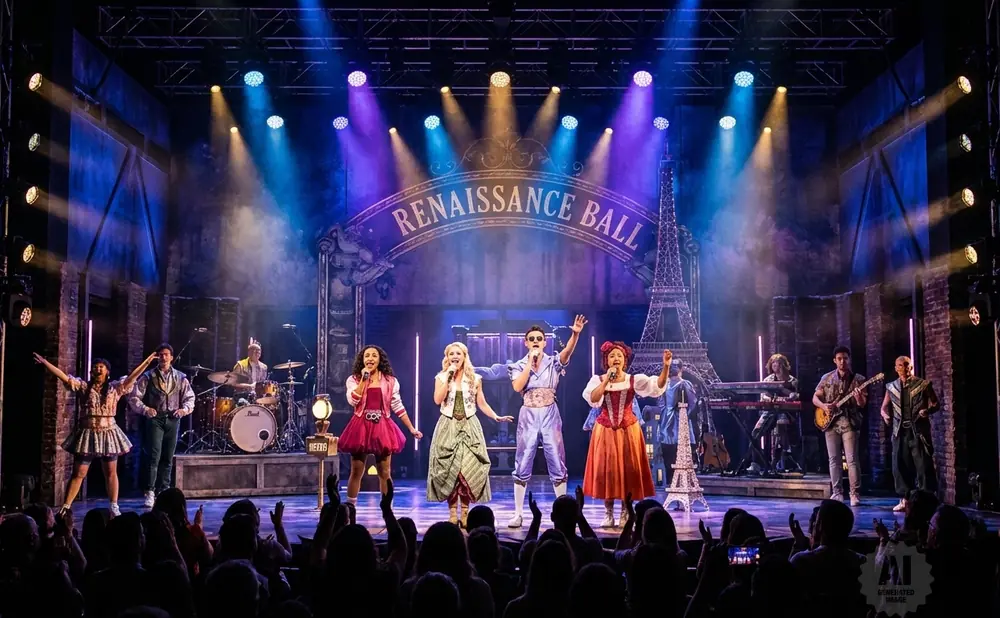 A stage musical performance with singers and musicians under colorful lights, with a 