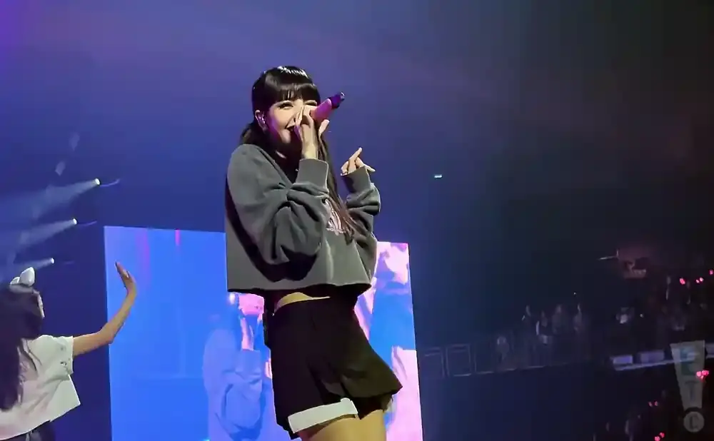 Singer with bangs in a gray cropped sweatshirt and black skirt performs on stage, holding a pink microphone.