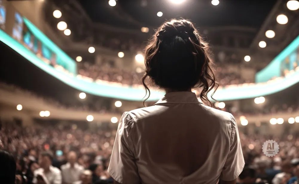 A woman in a white shirt stands with her back to the camera, facing a large, blurred audience in a theater.